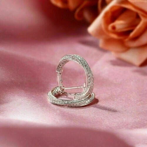 14K White Gold Plated Round Simulated Diamond Unique Fancy Hoop Clip On Earrings