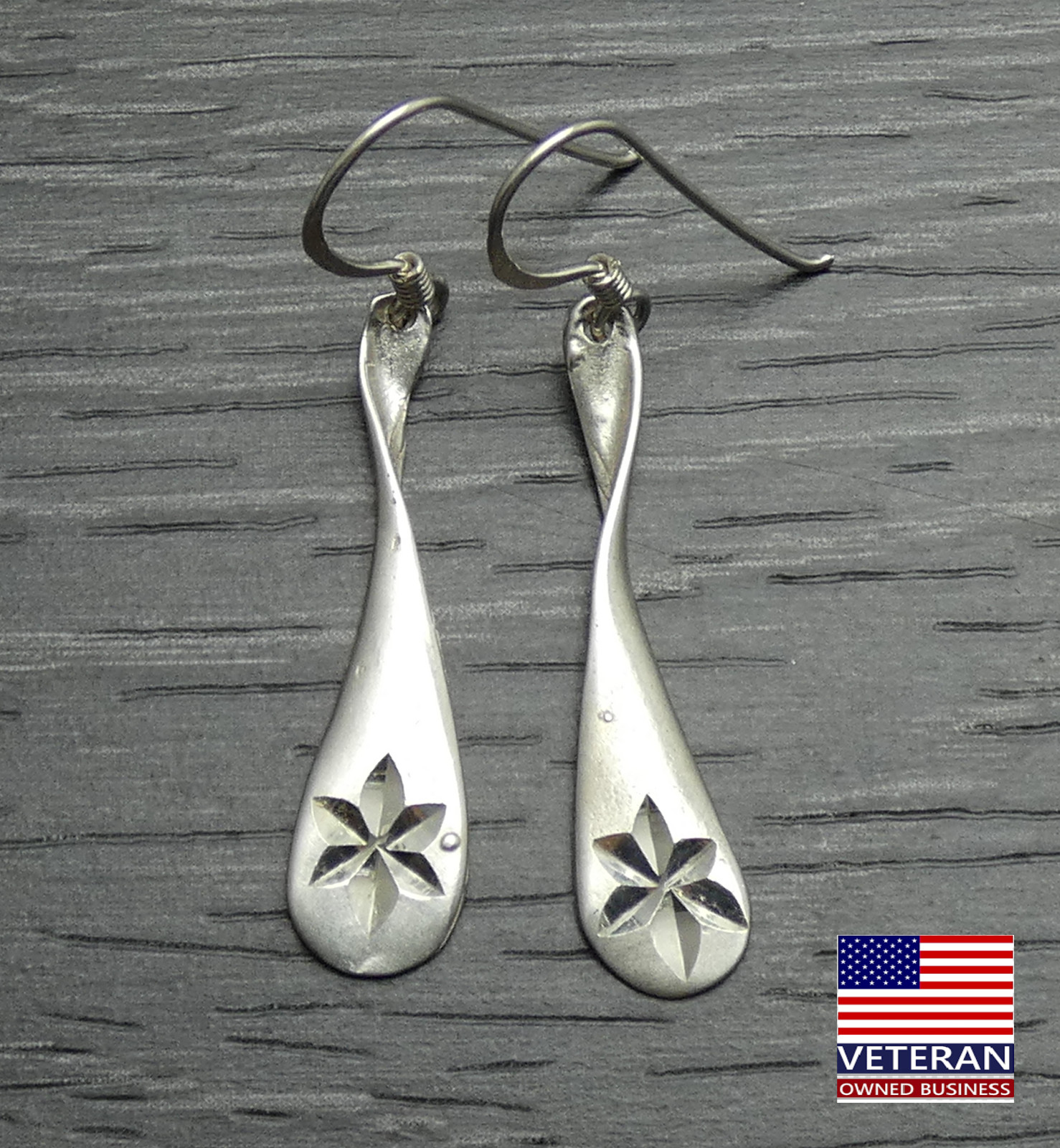 Vintage Sterling Silver Twisted Star Longer Teardrop Reflective Hook Earrings