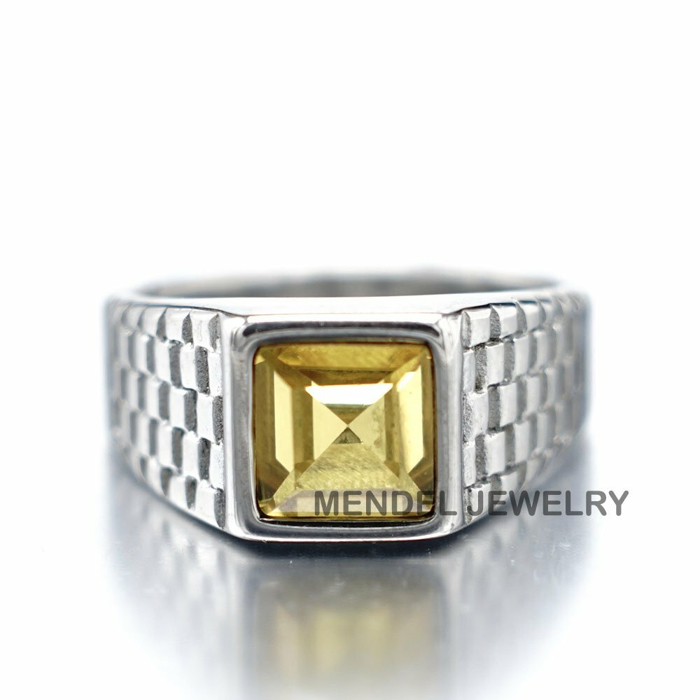 MENDEL Mens Faux Square Yellow Citrine Stone Ring Men Stainless Steel Size 7-13