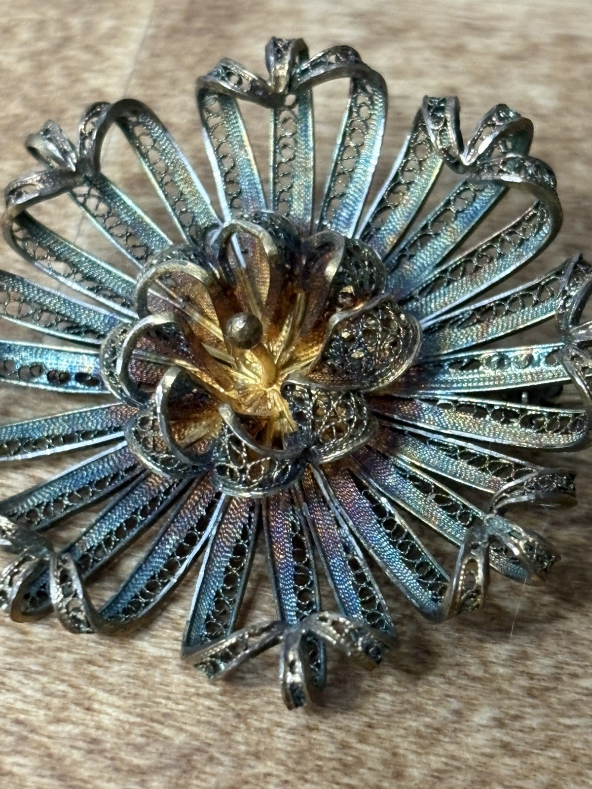 Antique Filigree Flower Brooch w/ Beautifully Toned Silver for Iridescent Color