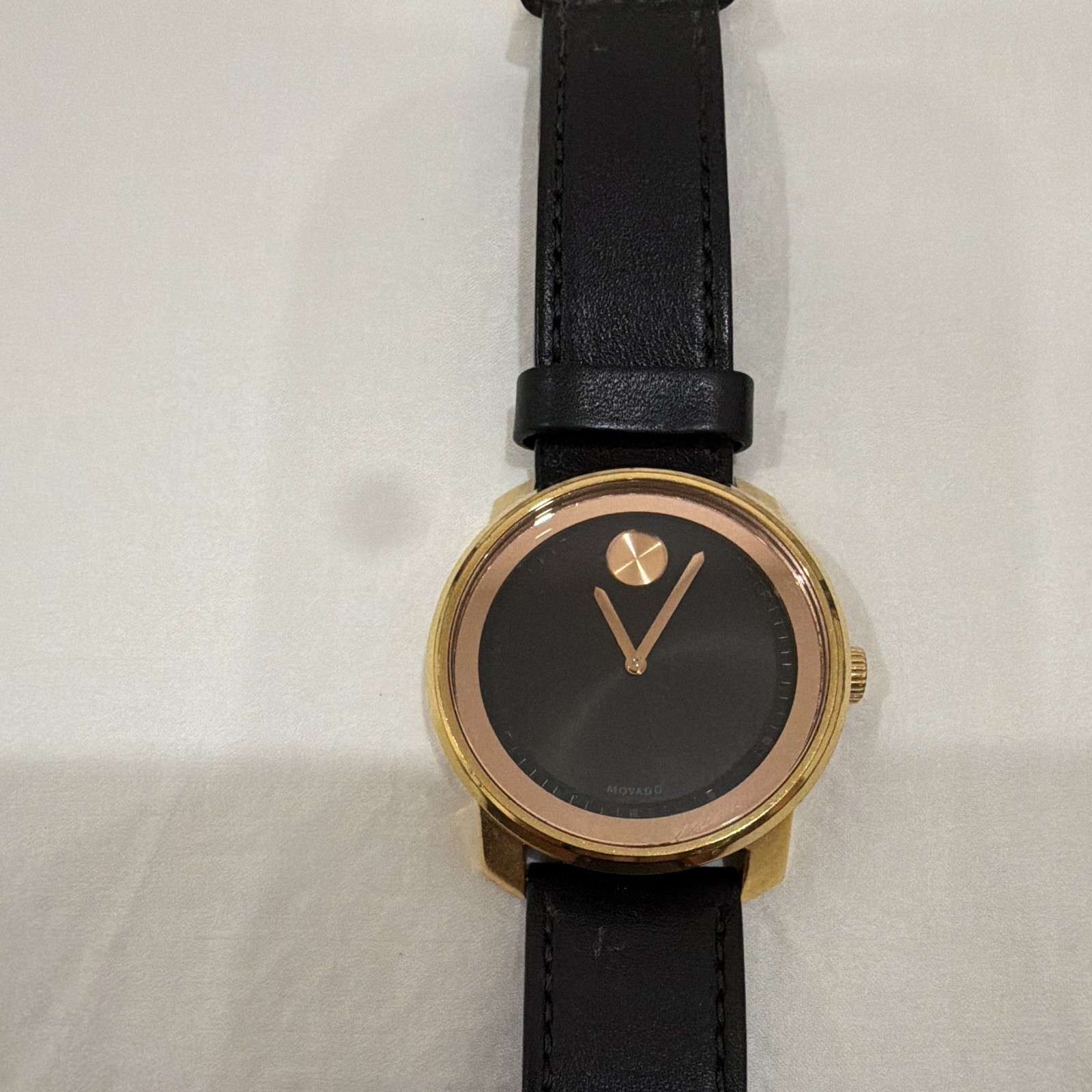 Movado Bold Men’s Quartz Swiss 41mm Black Dial Gold Case Black Leather 30m