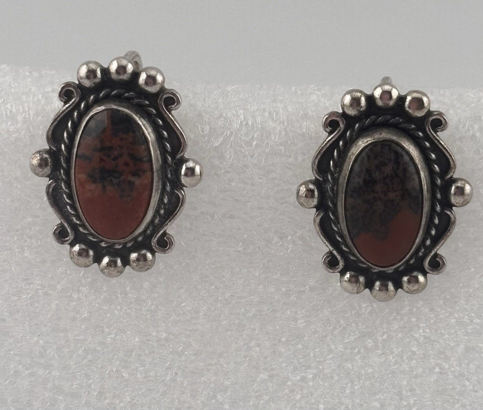 Vintage Scrolled Sterling Silver and Mahogany Obsidian Earrings -Screw Back