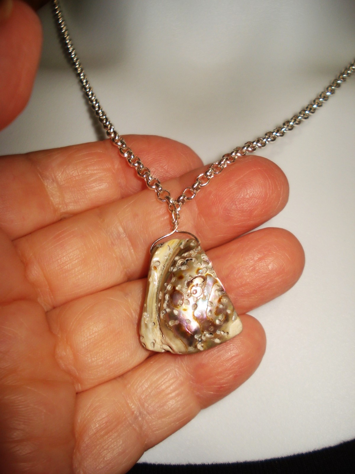 19 1/2″ Outershell Abalone Thick Triangular Pendant Lobster Clasp OOAK Necklace