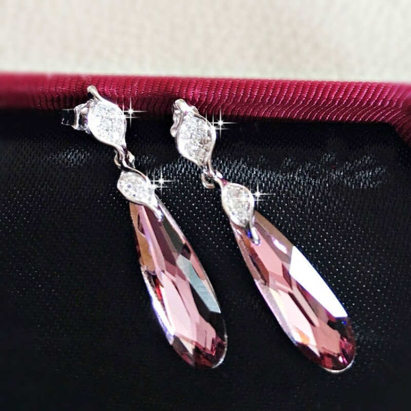 S925 Sterling Silver Made With SWAROVSKI Crystal Long Oval Amethyst Earrings