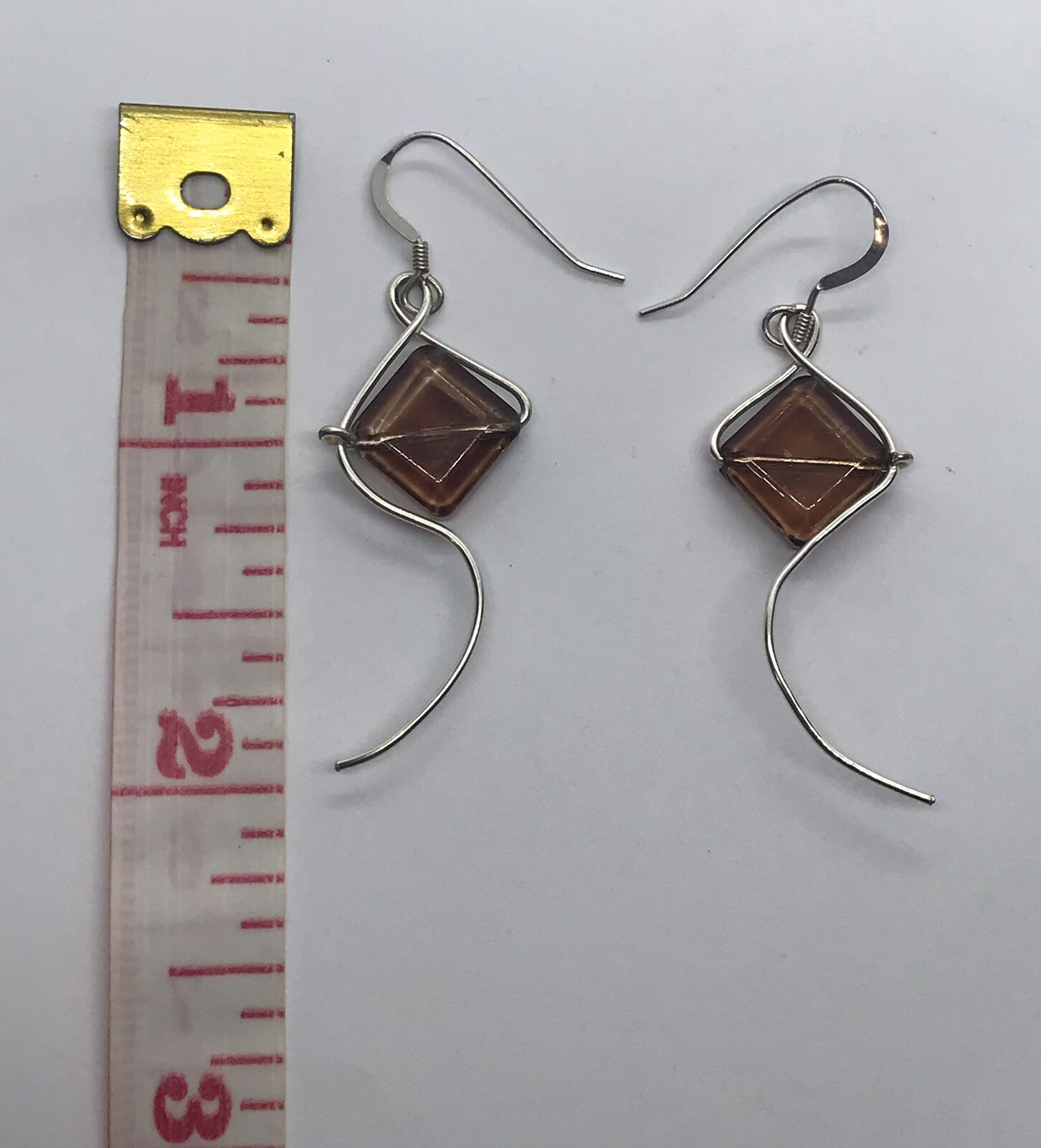 Sterling Silver 925 Rhombus Brown Glass & Wire Art earrings Kite Like