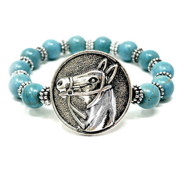 HORSE & WESTERN JEWELLERY JEWELRY BEADED STRETCH HORSE BRACELET SILVER TURQ