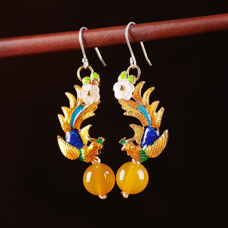 Chinese Ethnic Style Antique Earrings Yellow Agate Cloisonne Phoenix Earrings