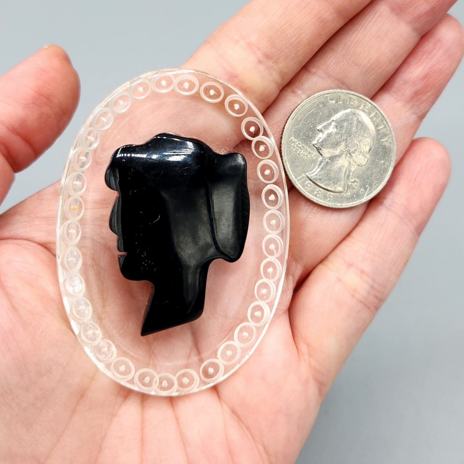 Vintage Unsigned Clear Black Lucite Cameo Oval Brooch Pin