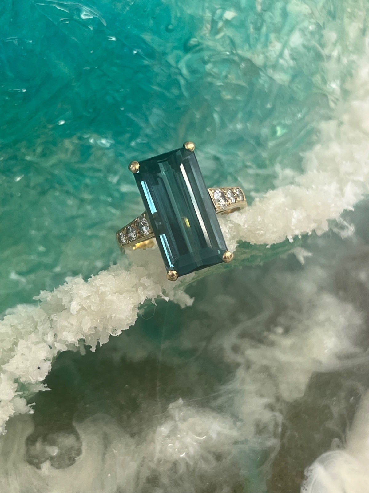 Yellow Gold Rectangle Indicolite Tourmaline with Diamond Ring Vintage