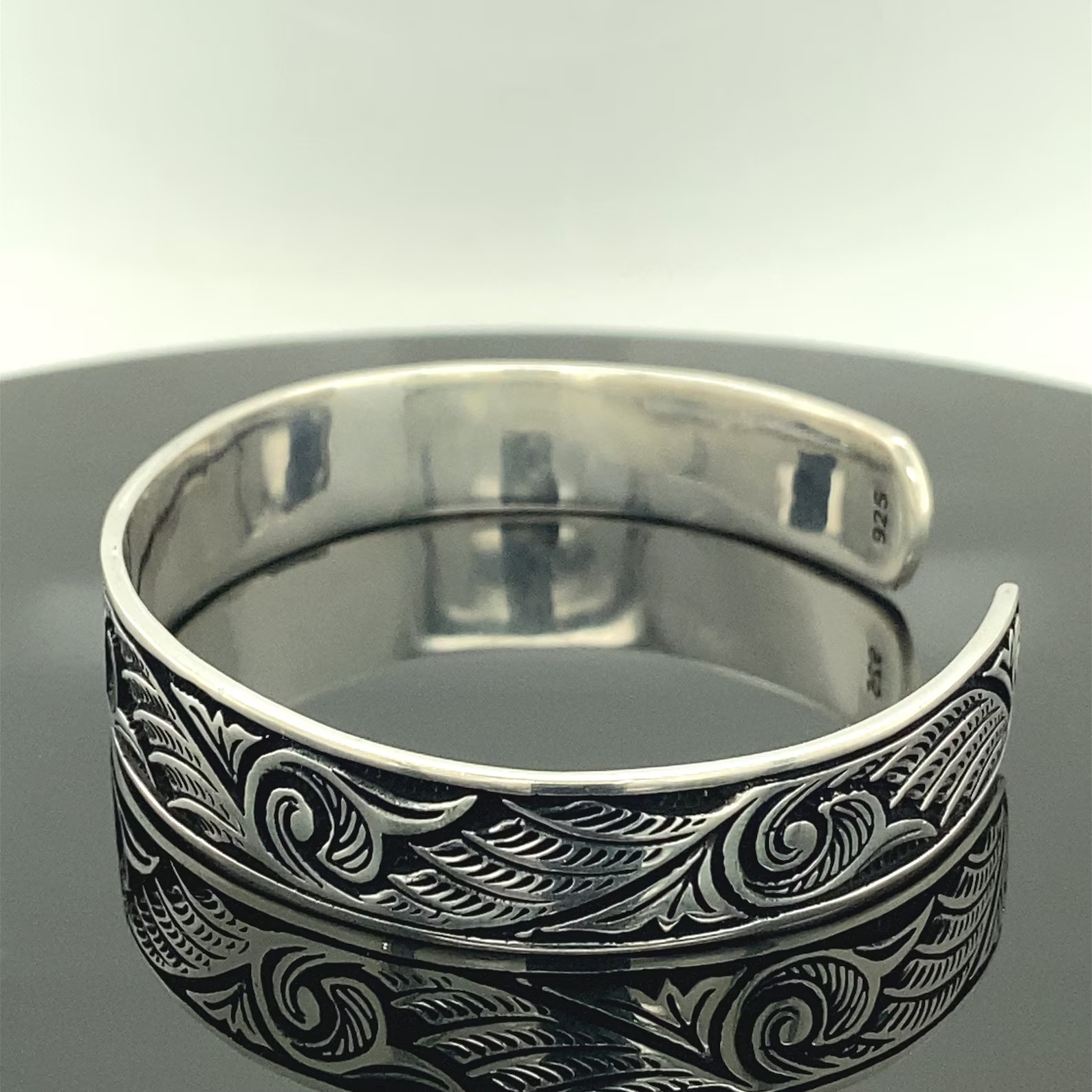 Men Silver Cuff Bracelet Engraved Adjustable Silver Embroidered Bracelet