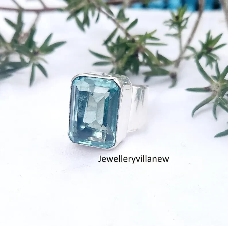 Natural Aquamarine 925 Sterling Silver Band& Statement Ring Handmade All Size