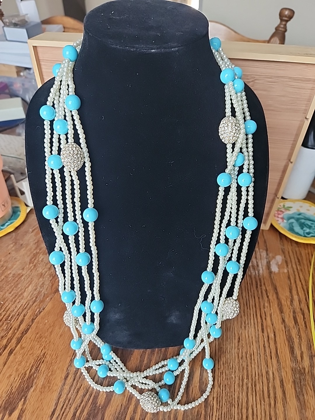 Lovely Joan Boyce Faux Turquoise & Pearl & Crystal Multi Strand 24″ Necklace NIB
