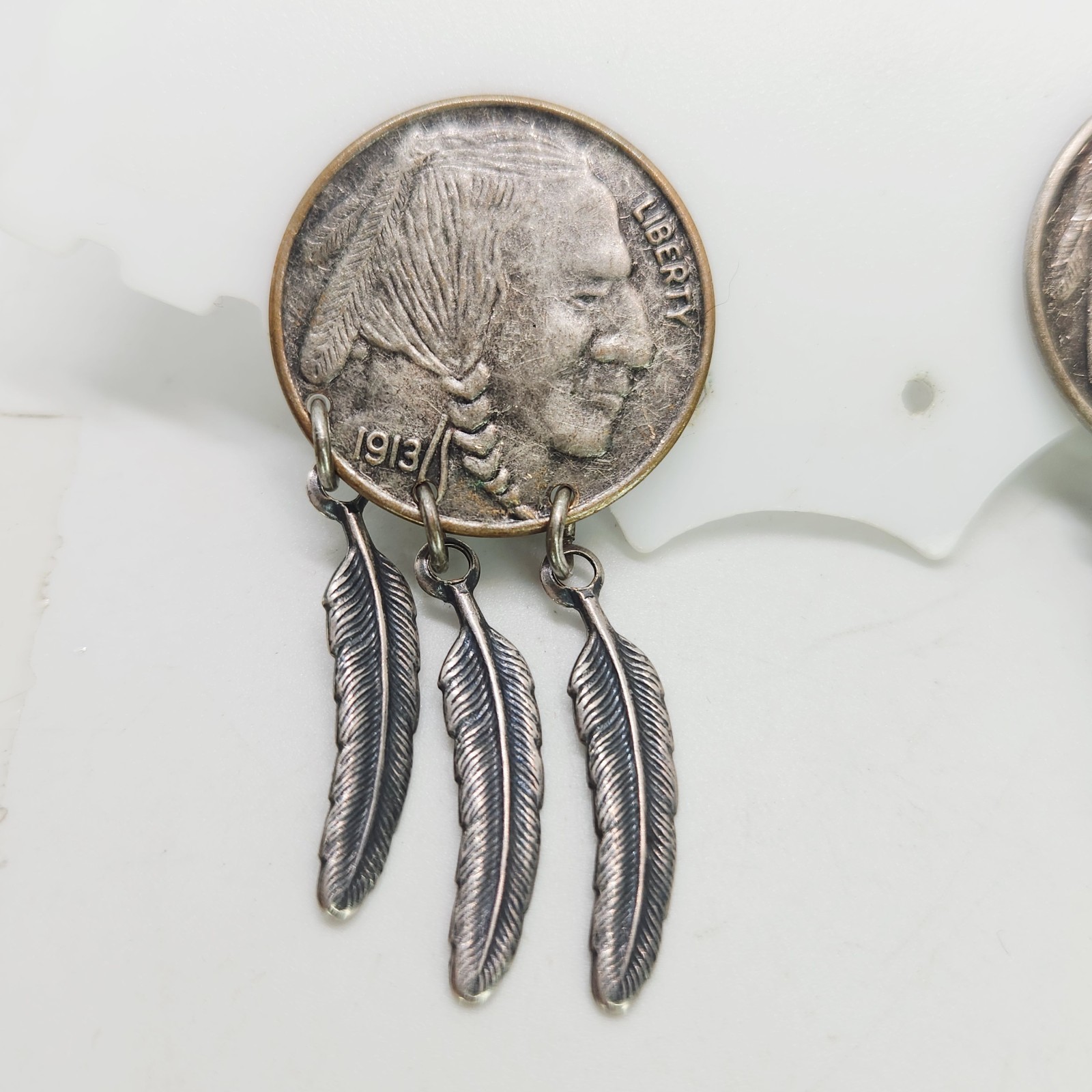 VTG Buffalo Nickle Indian Head 925 Sterling Silver Feather Dangle Coin Earrings