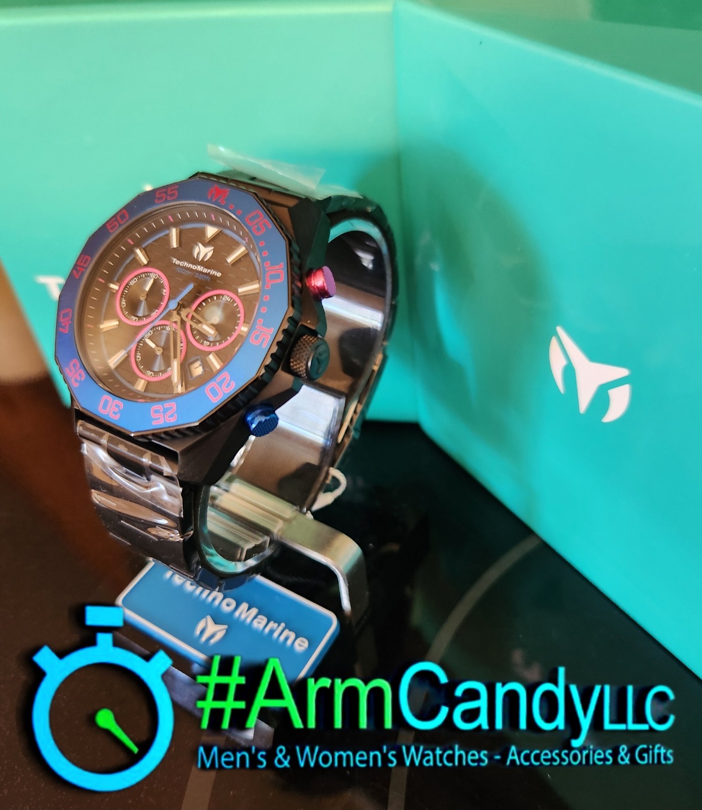 RARE! 44mm Mens TechnoMarine LEGENDS Watch Black-Blue-Pink Chronograph ONE LEFT!
