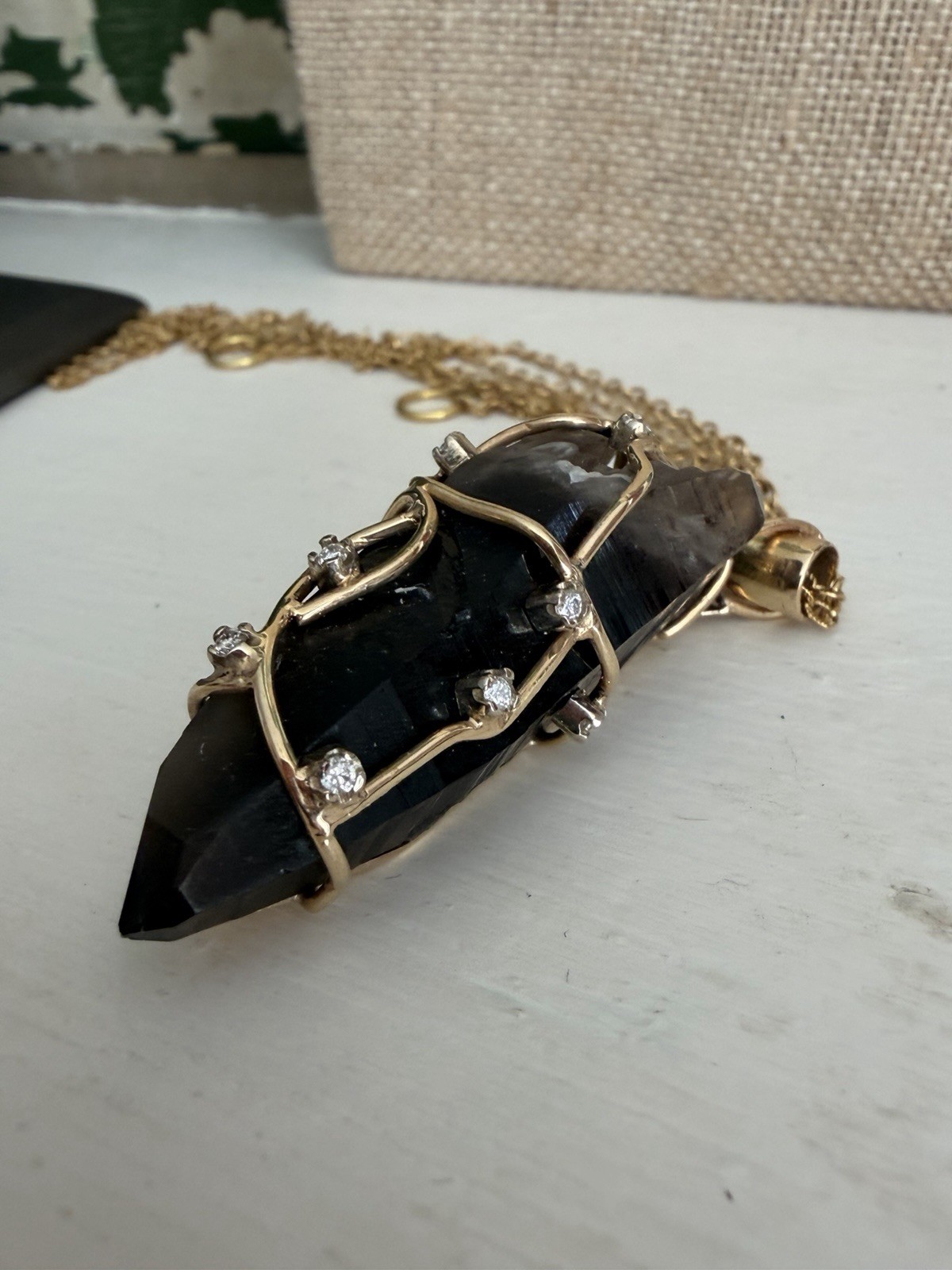 Terminated smoky quartz,wire wrapped in gold with diamond accents, pendant only