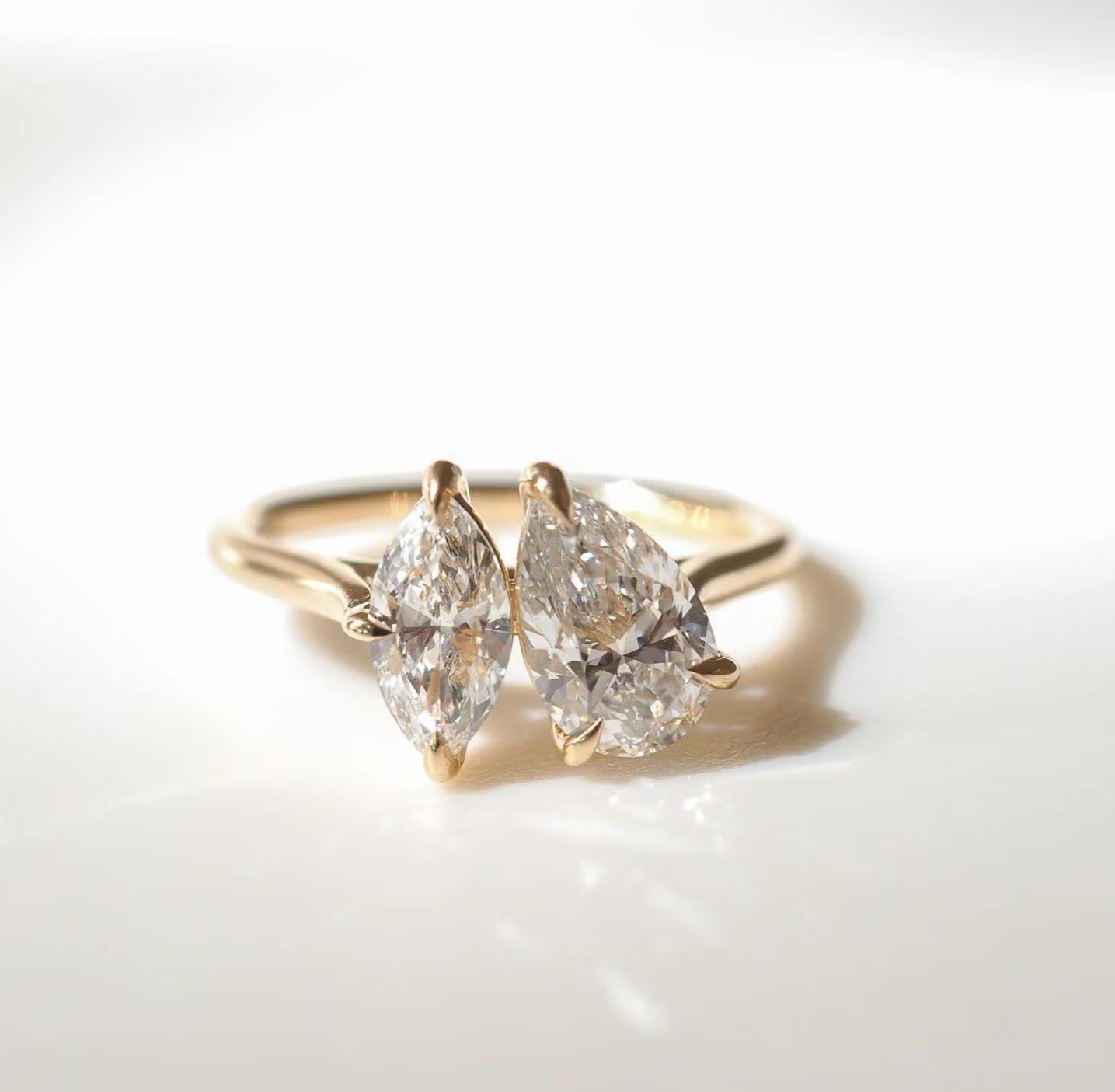 Lab Grown Diamond Wedding Ring Two Stone Pear & Marquise Gold Plated Silver Ring