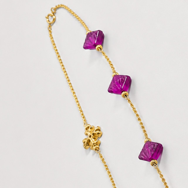 Tory Burch Long Rope Chain Necklace Gold Tone Magenta Square Purple Resin Beads