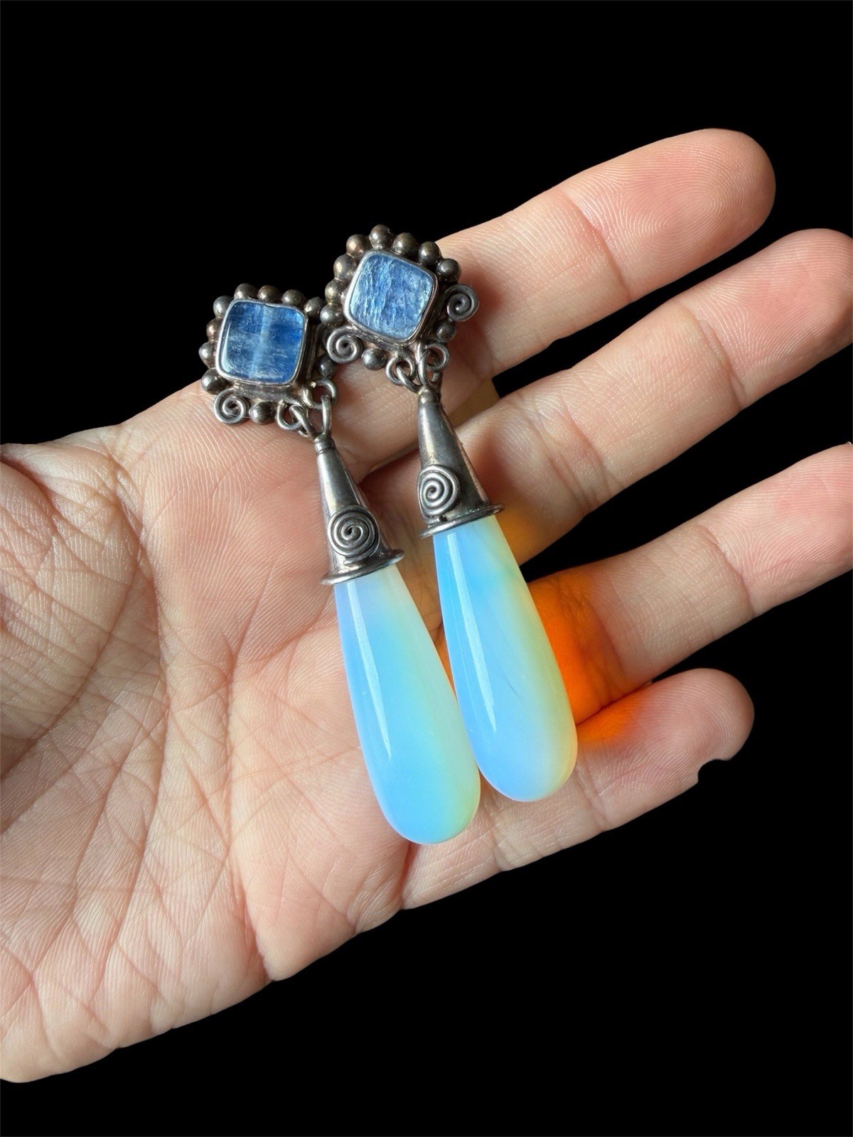 Sajen Sterling Silver Opalite & kyanite Drop Earrings 2 1/4 inches long