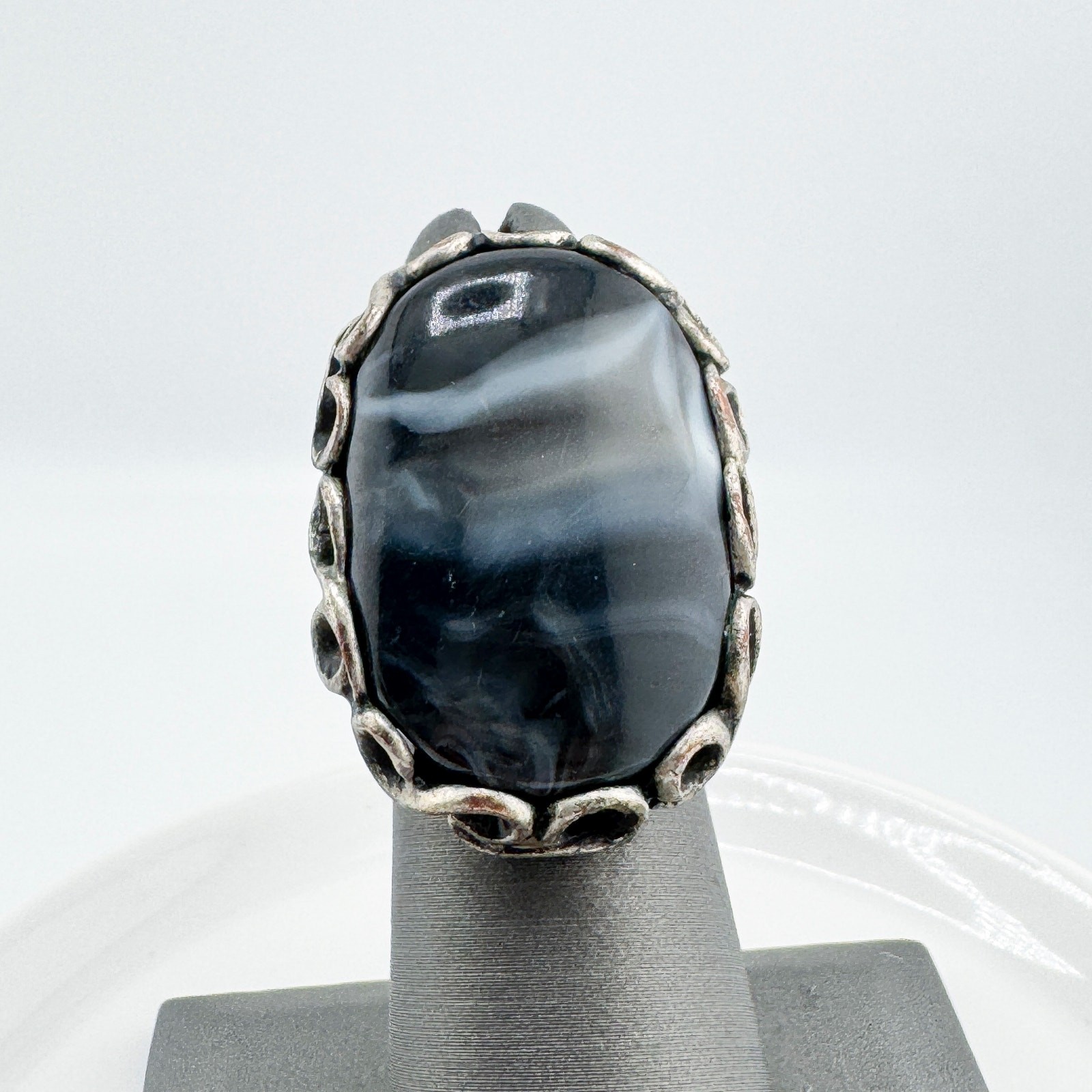 Vintage Black Gray White Agate Statement Ring Timeless Unique Southwestern