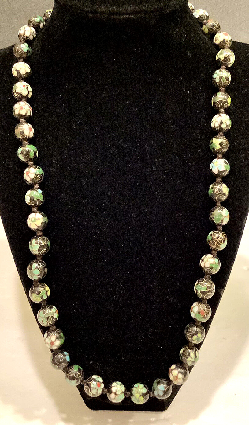 CLOISONNÉ Knotted Necklace Vintage Asian Beads 23” 1950’s