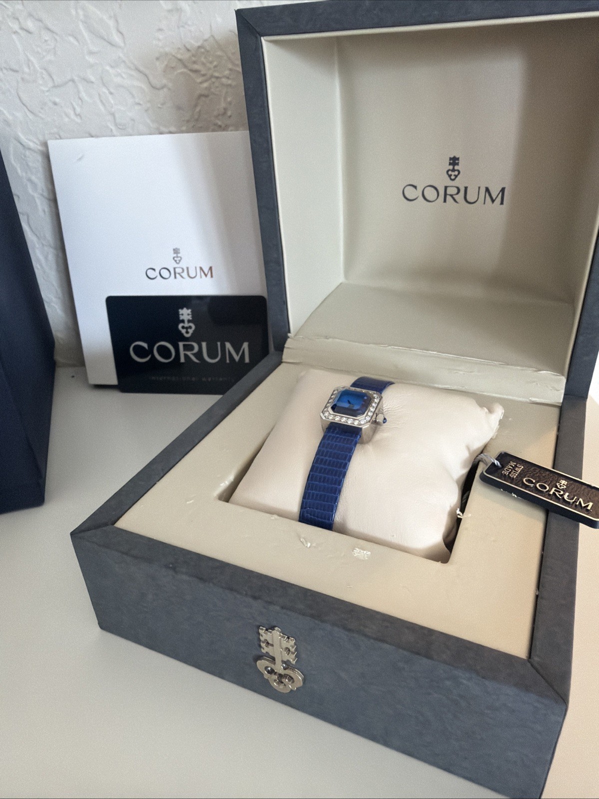 Corum Sugar Cube Ladies Watch, Diamond Bezel and bracelet Blue Dial, 137.423.47
