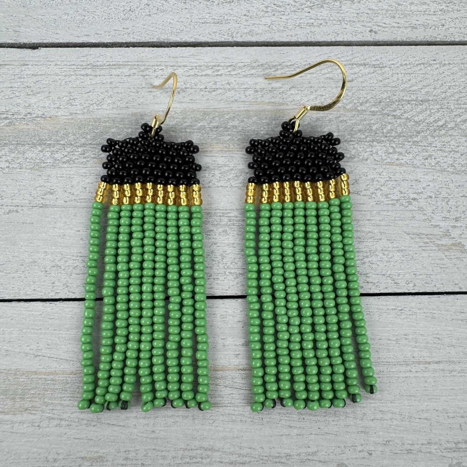 Jamaican Flag Beaded Earrings – Handmade Green, Black & Gold Fringe Dangles