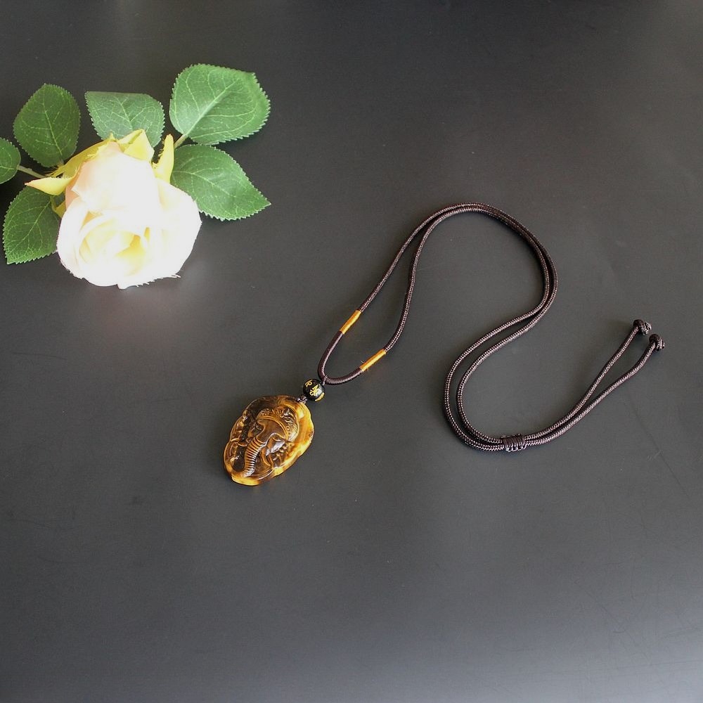 Natural crystal gemstone gold tiger eye Ganesha necklace pendant with rope chain