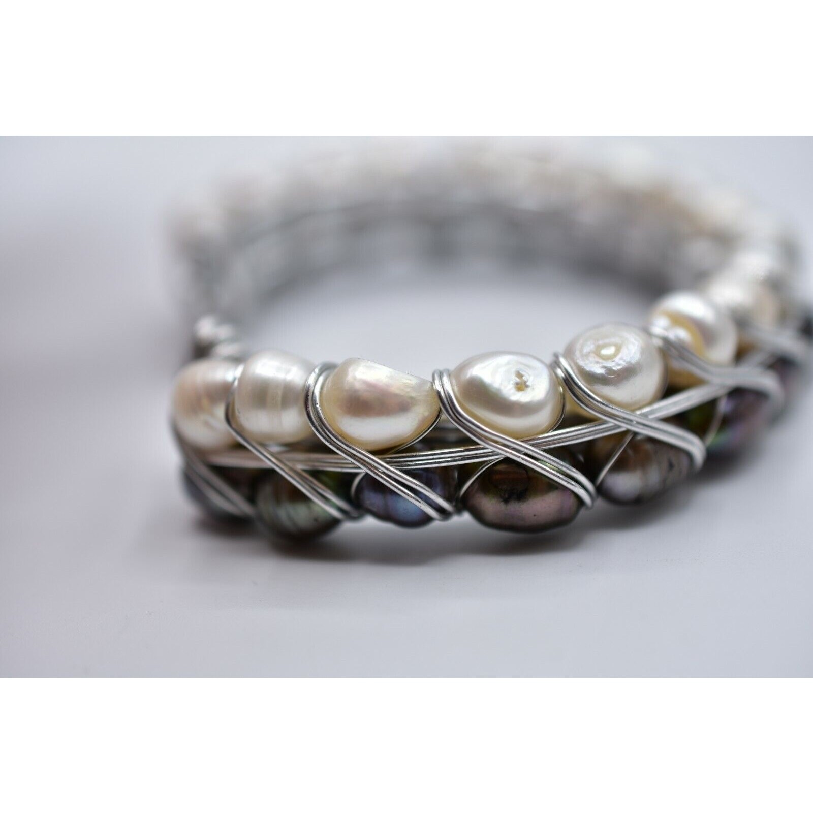 Vintage Cuff Bangle Bracelet Silver Gray White Black Pearl Beaded Chunky BinD