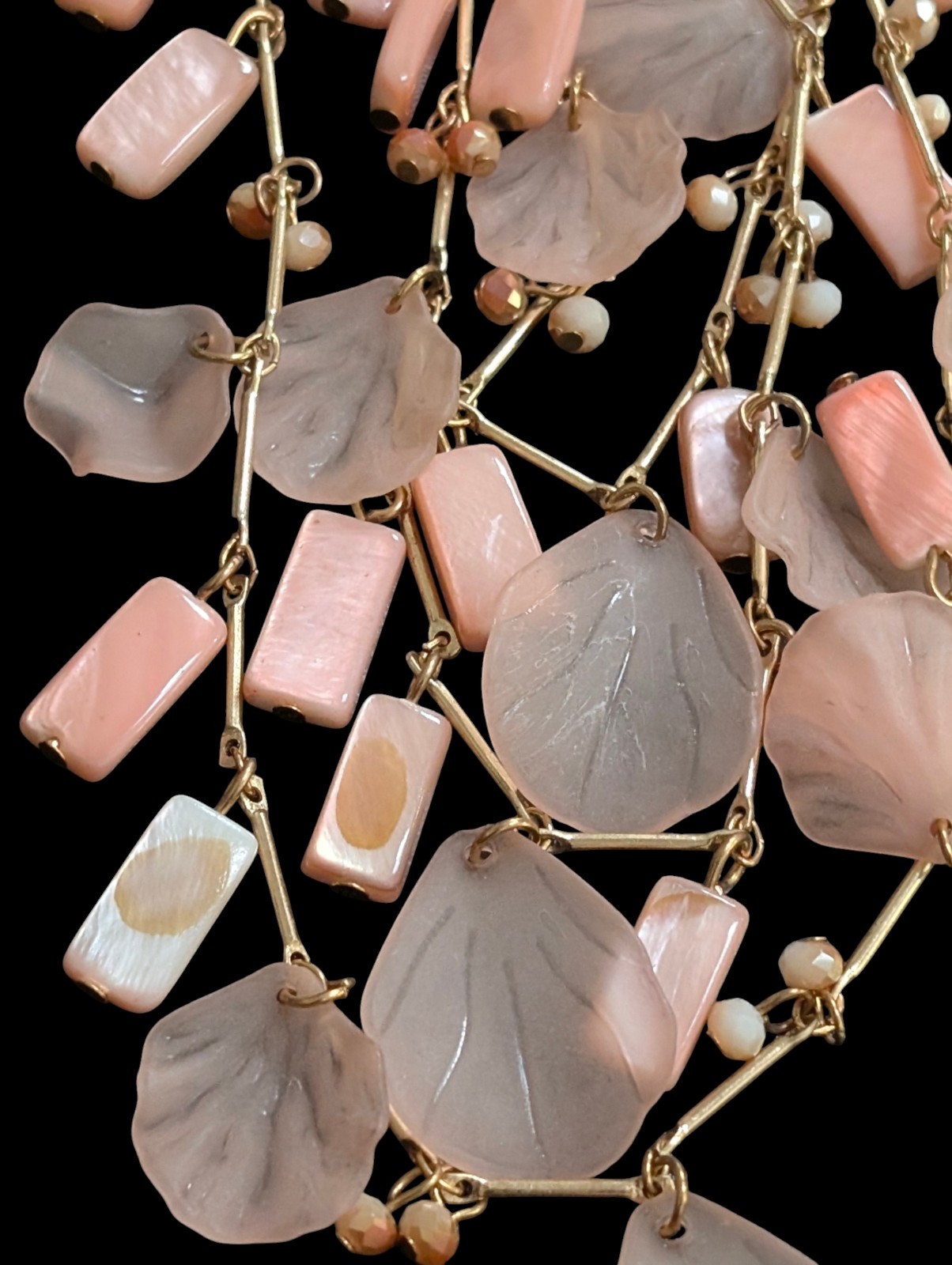 Multi Strand Pink Petal Shell Cascade Necklace Gold Tone Layered Waterfall Bib