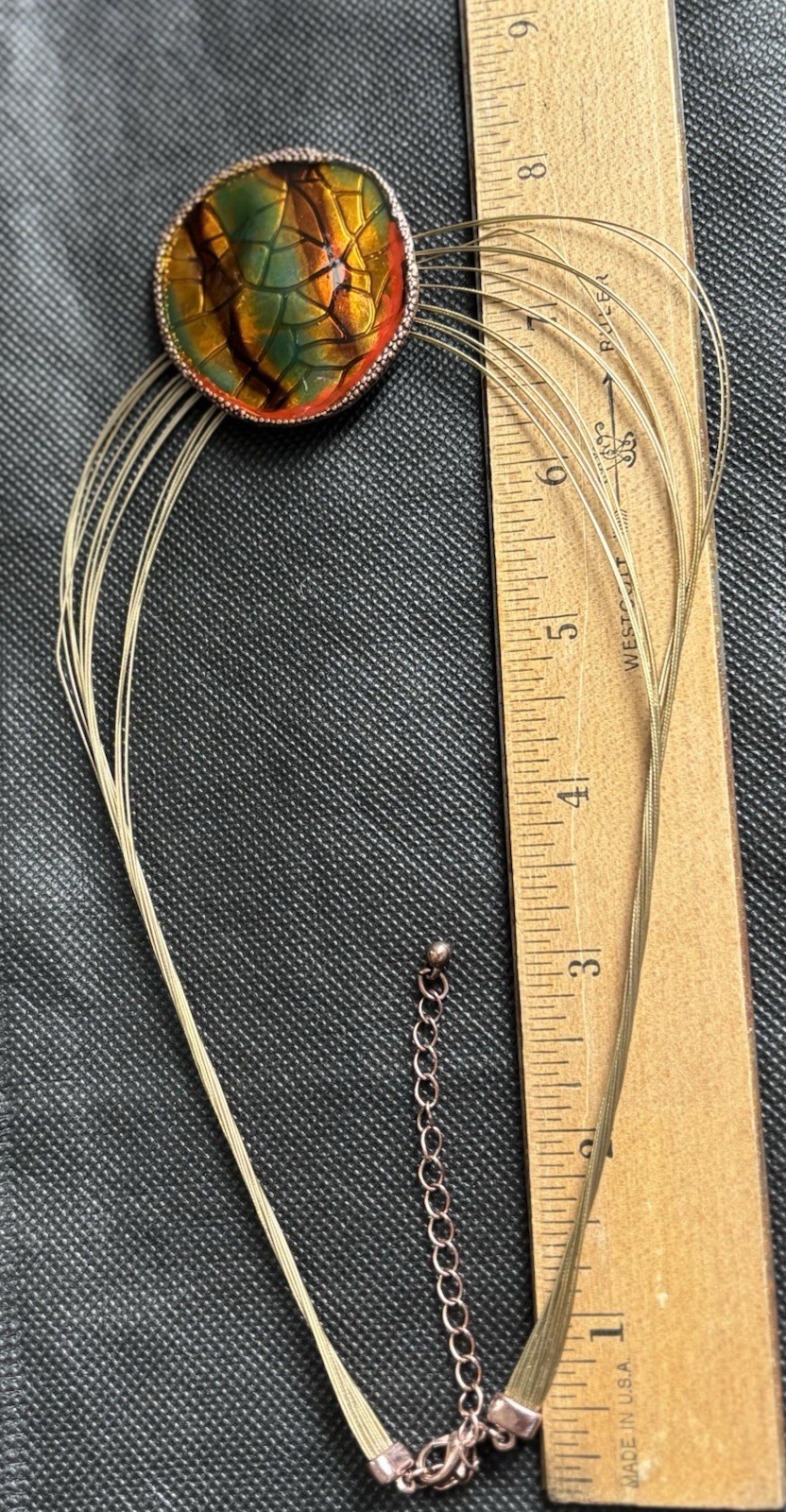 Enamel Pendant Multi Color Multi Strand Coated Wire Choker Necklace 19” Boho