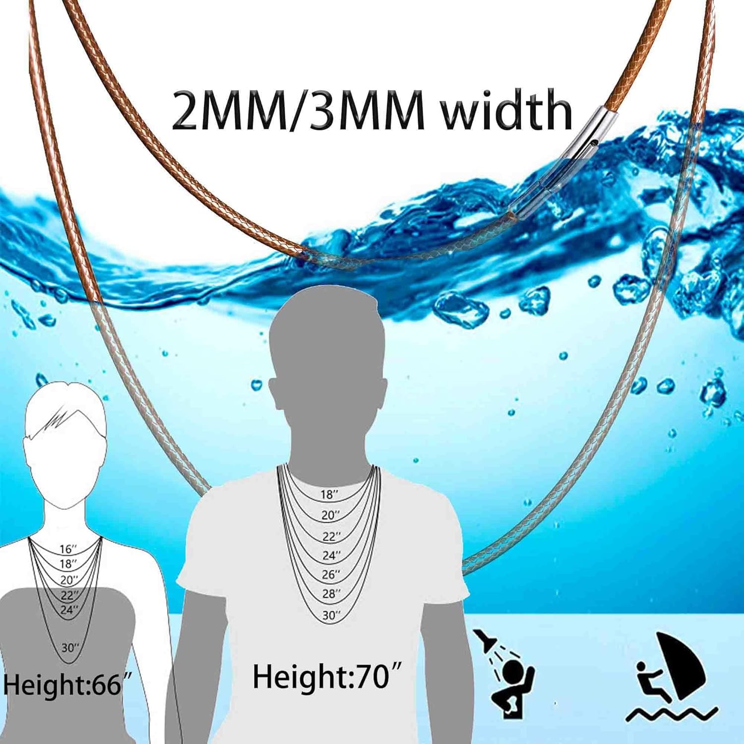 Flexible 2MM/3MM/4MM/5MM ，14″ to 42″ Waterproof 20 inch-3MM width, Brown
