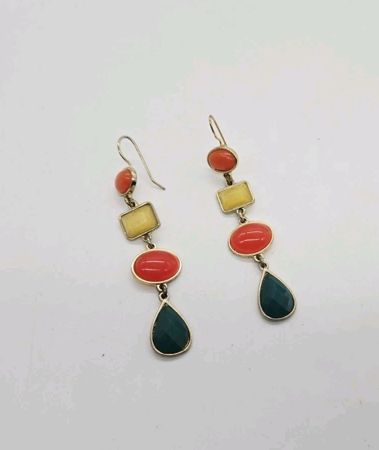 Liz Claiborne Geometric enamel Dangle Earrings 80s Retro Green Orange Yellow 3 “