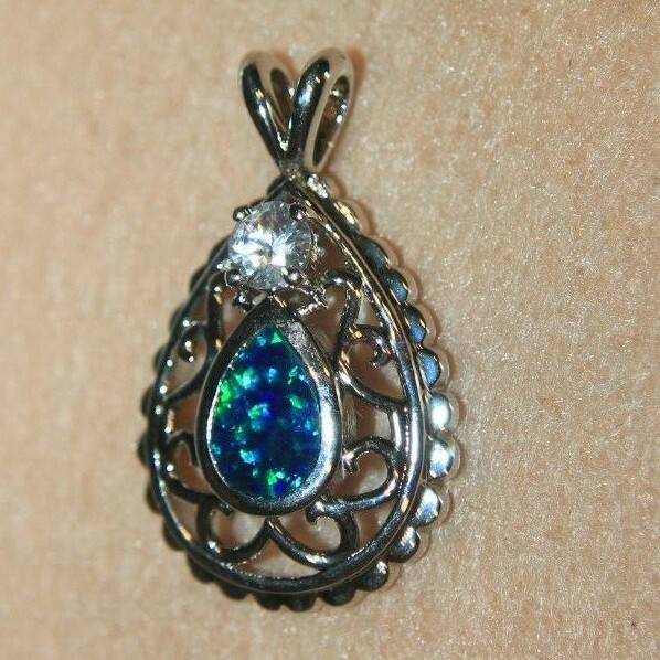 inlaid fire opal necklace pendant gem silver plate jewelry Medieval Renaissance