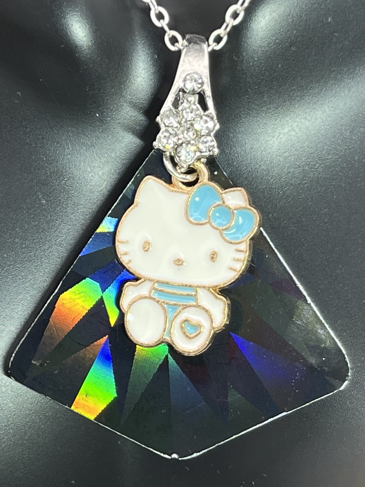 Earring & necklace w/ holographic black hello Kitty blue on silver or gold chain