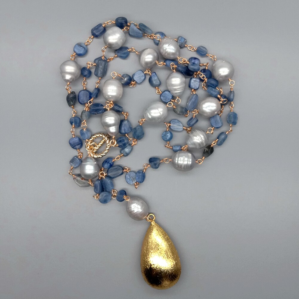 21″ Blue Kyanite Gray Rice Pearl Necklace Teardrop Brushed Gold Plated Pendant