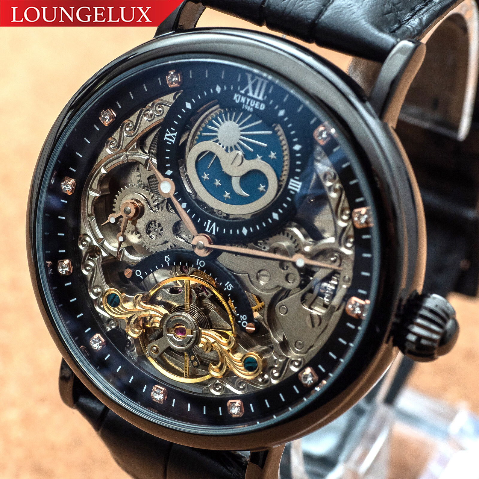Mens Dual Time Flywheel Skeleton Automatic Mechanical Watch Black Leather Band
