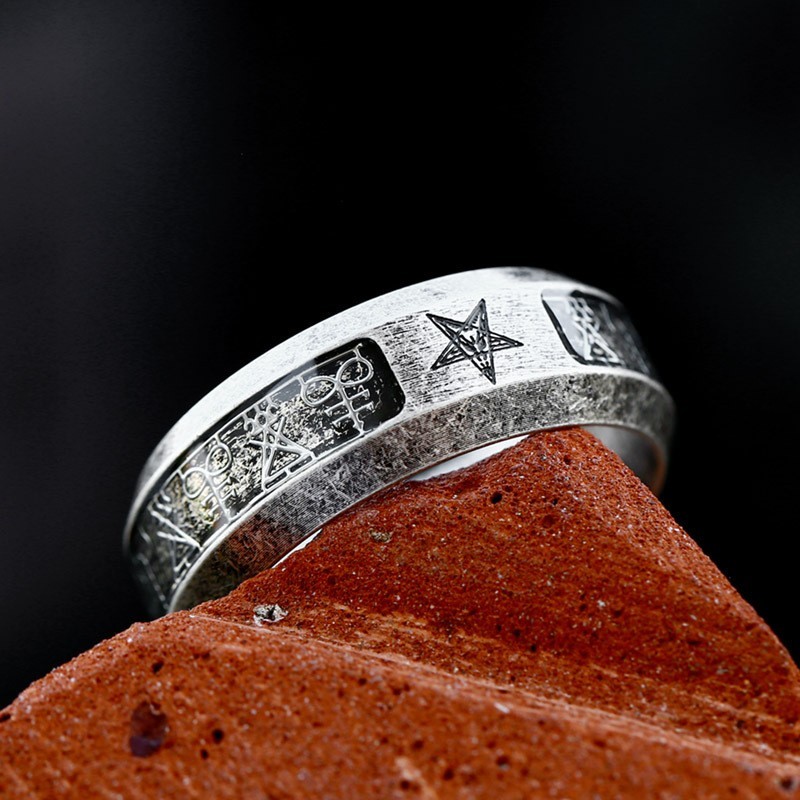 Vintage Satan Cross Lucifer Sigl Inlay Ring Stainless Steel Biker Jewelry Ring