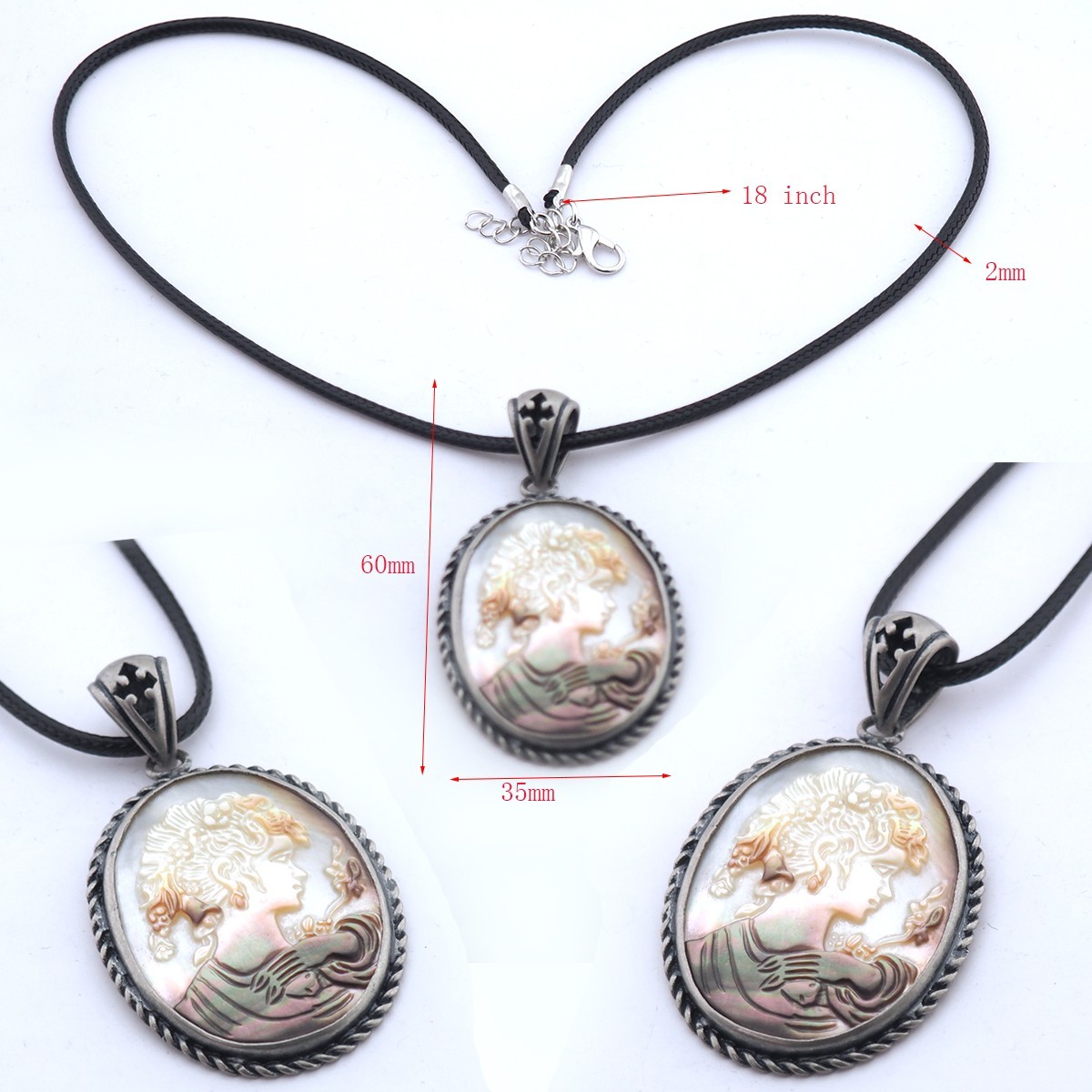 1PCS Hand Carve Carving Silver Natural shells Pendant Necklace Free Rope A066