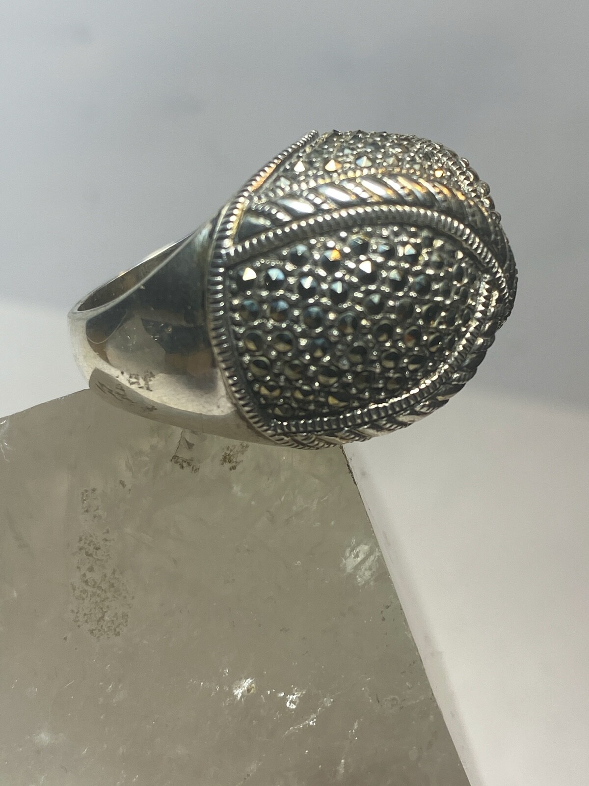 Marcasite ring Dome band wide band sterling silver women