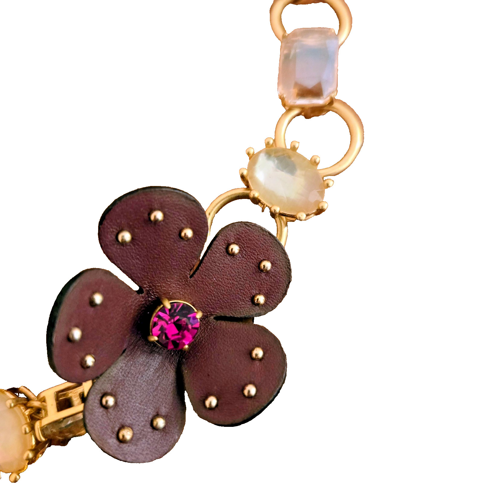NWT Kate Spade BLOOMING BLING 12K Gold Plated Stone/Leather Flower Necklace-$128