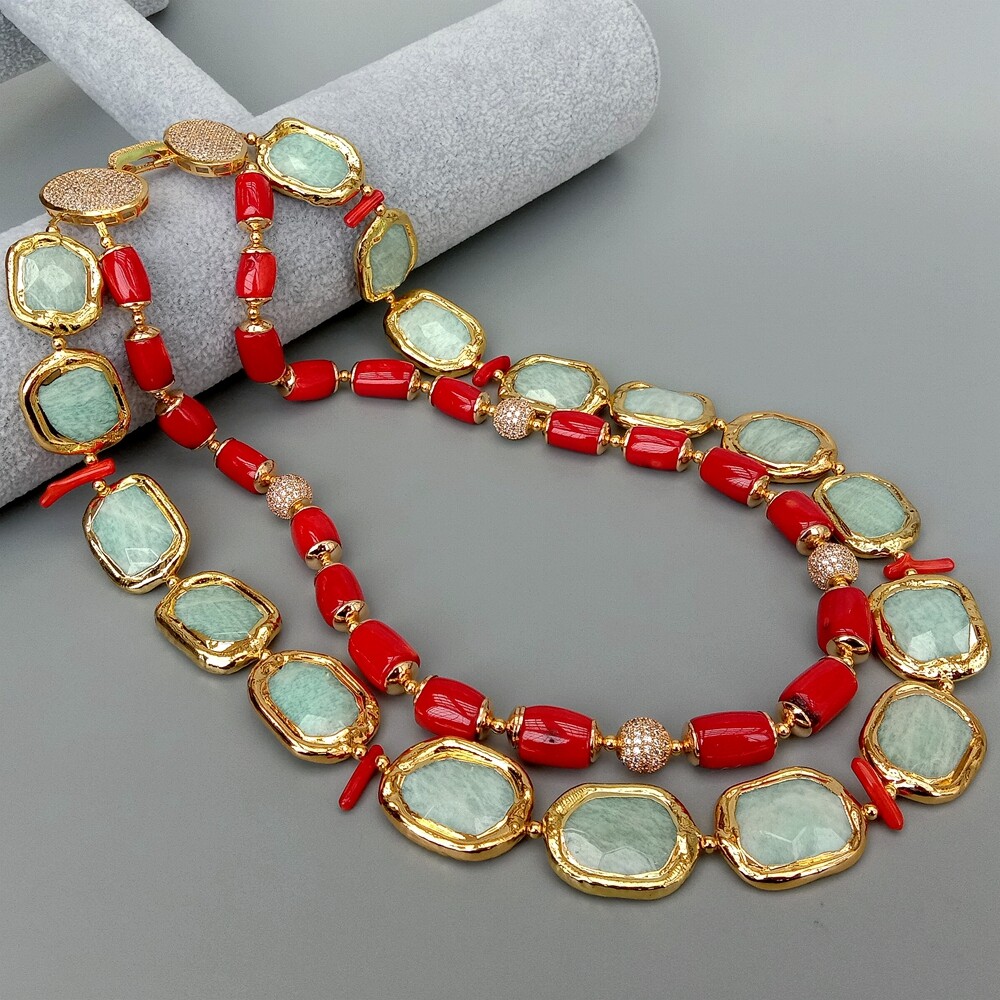 21″ 2 Strands Red Coral Green Amazonite Necklace Cubic Zirconia Pave Clasp