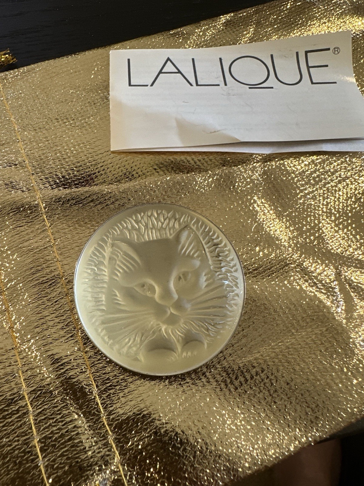 Signed Lalique France Frosted Crystal Chat Cat Medallion Brooch Vintage~1990s