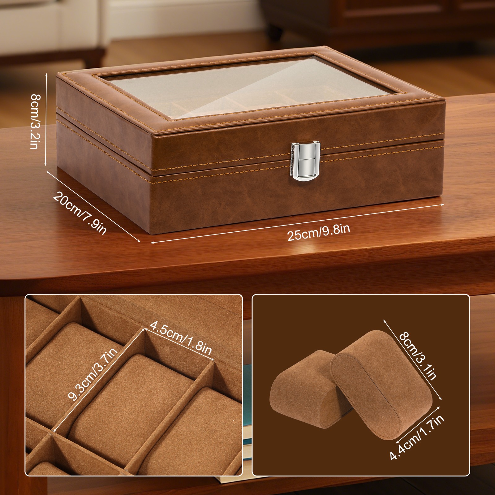 10 Slots Watch Box PU Leather Display Case Jewelry Organizer Box w/Glass Lid NEW