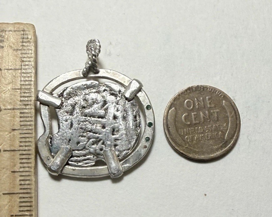 Authentic Spanish-Colonial 2-Reales Silver Shipwreck Cob Coin in Emerald Bezel