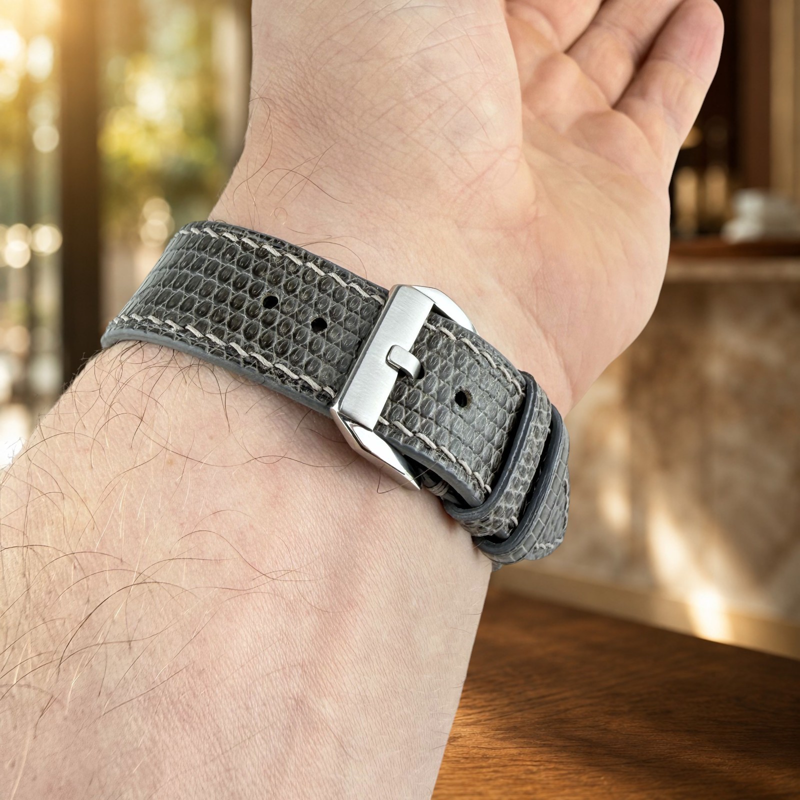 Genuine Lizard Leather Watch Band Strap 20mm Gray Mens Handmade 316L Buckle