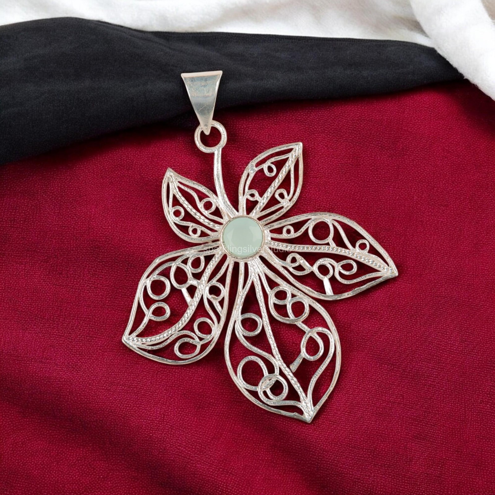 925 Sterling Silver Throat Chakra Natural Aqua Chalcedony Unique Mother Pendant