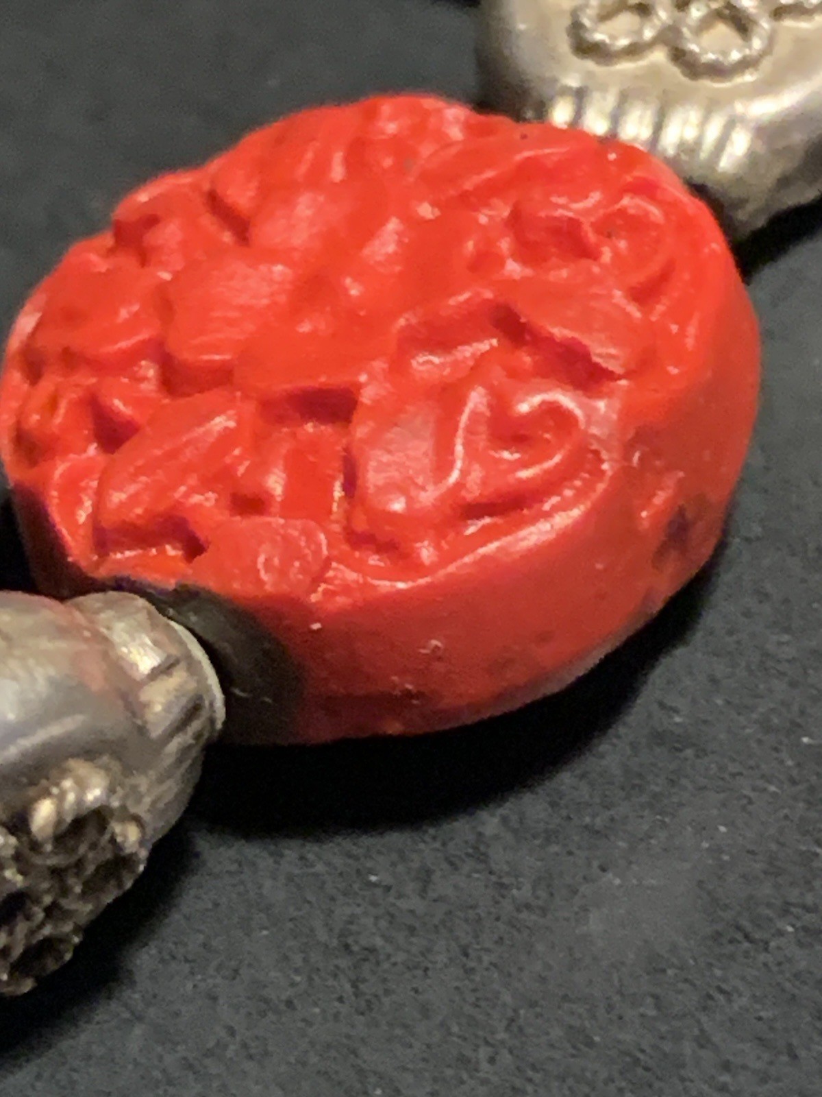 Turquoise & Carved Coral or Red Colored Bead Bracelet