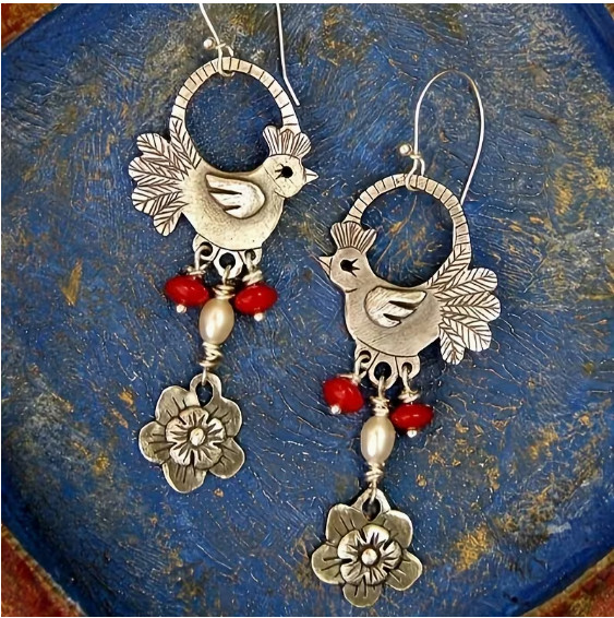 EARRINGS- Ethnic Bohemian Style Cut-out Bird Patchwork Flower