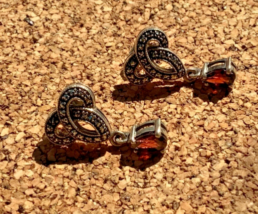 Designer Sterling Silver Marcasite & Garnet Dangle Drop Earrings Signed ACI