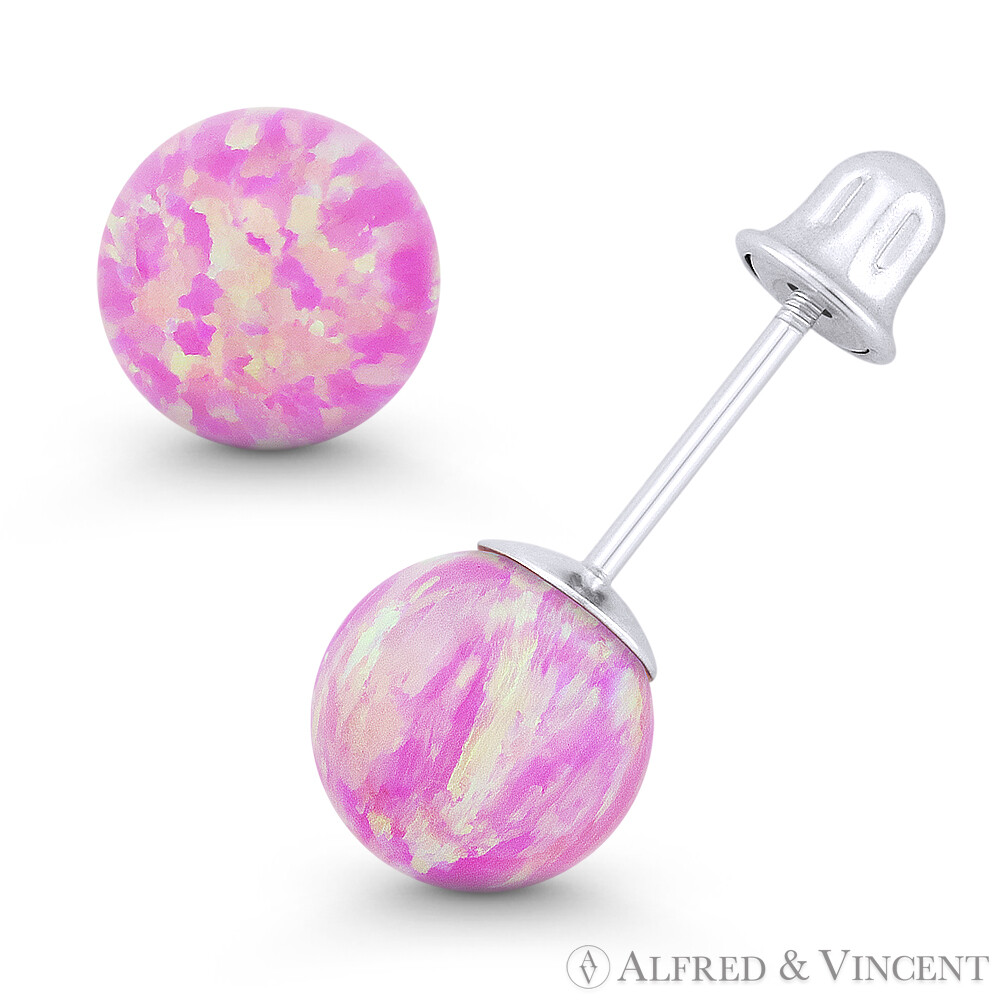 Angel Skin Pink Synthetic Fire Opal 14k White Gold Screwback Ball Stud Earrings